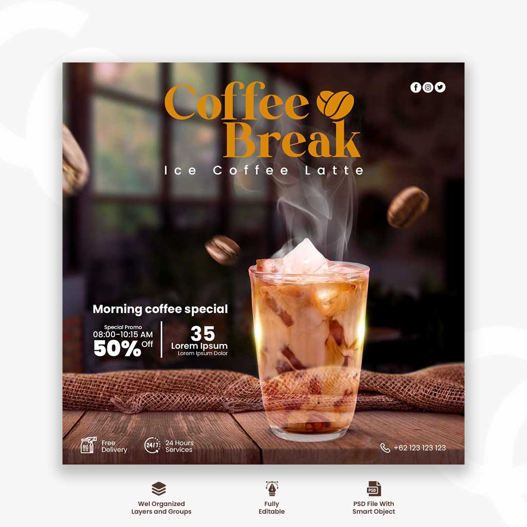 Coffee time menu promotion with social media post template