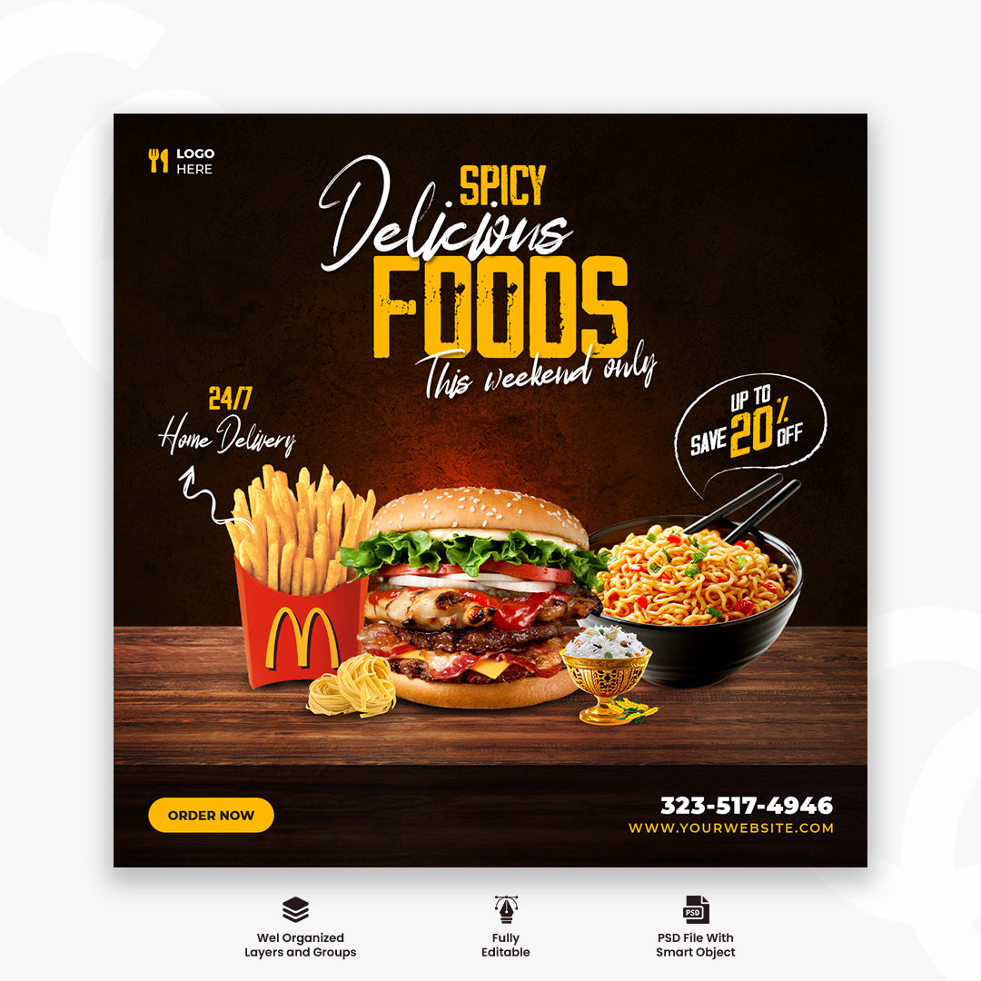 Delicious burger and food menu social media banner or Instagram post template