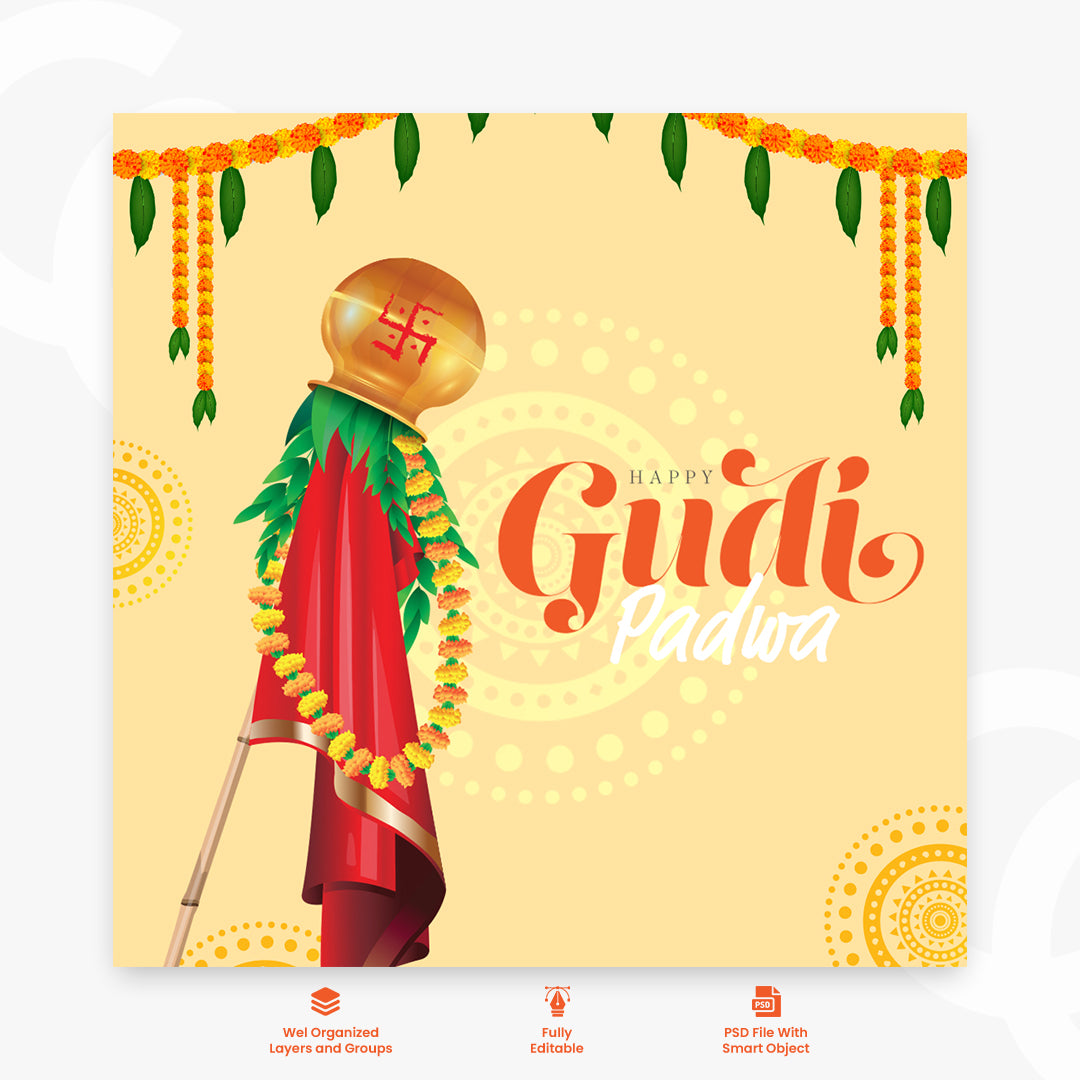 Happy Gudi Padwa Festival Greeting Background Template written Gudi Padwa in Hindi language