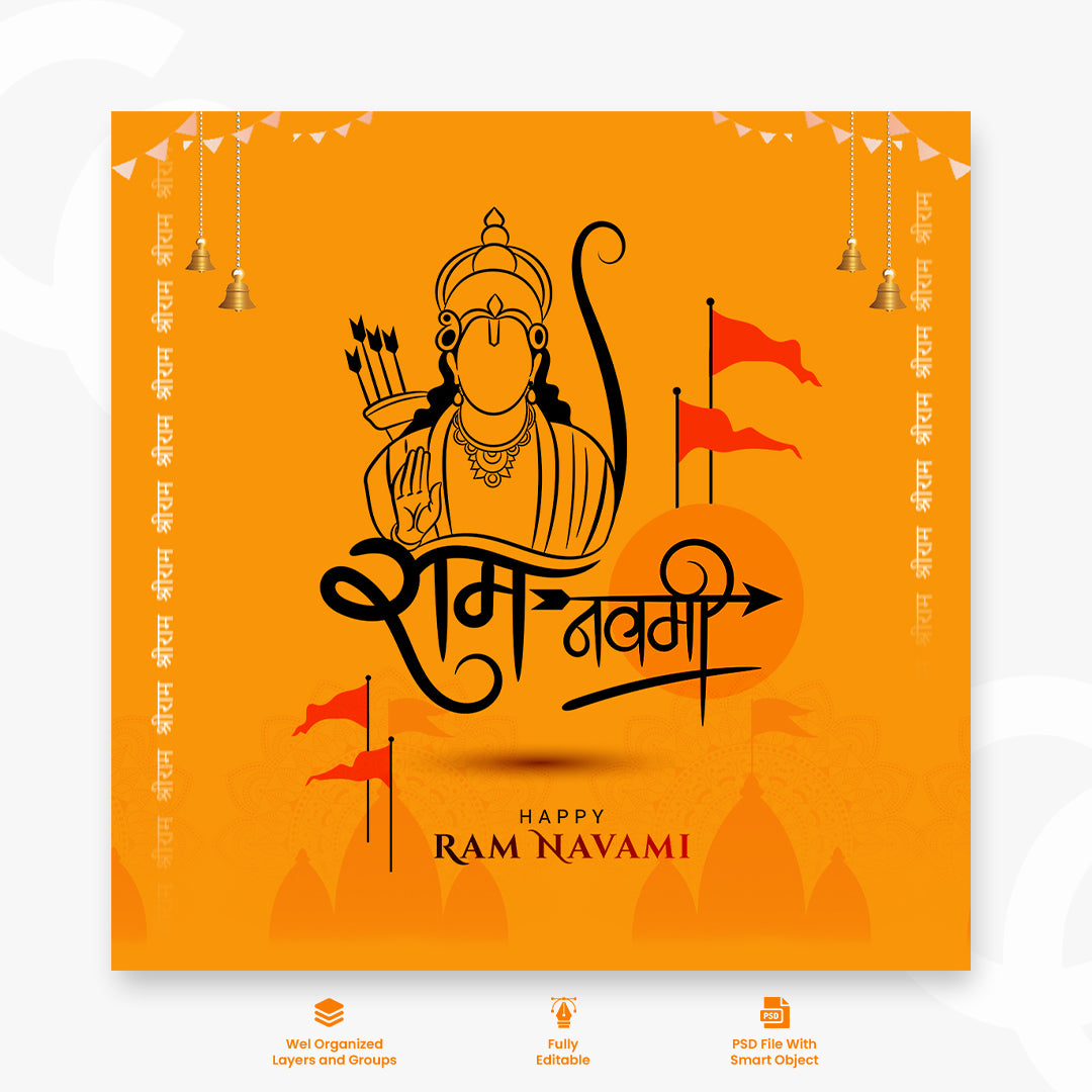 Happy Ram Navami Greetings Orange Background Indian Hinduism Festival Social Media Banner Free Vector