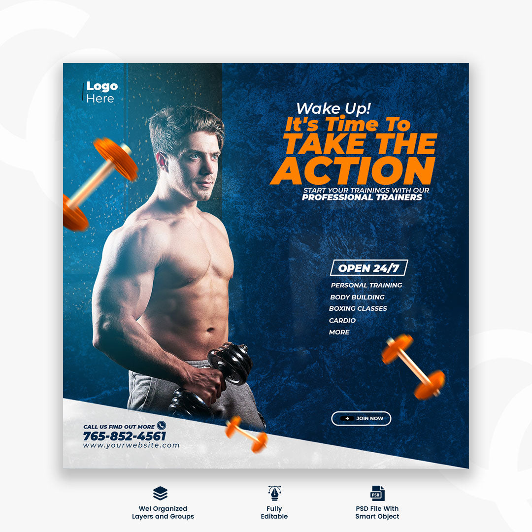 Fitness training and gym workout social media post template