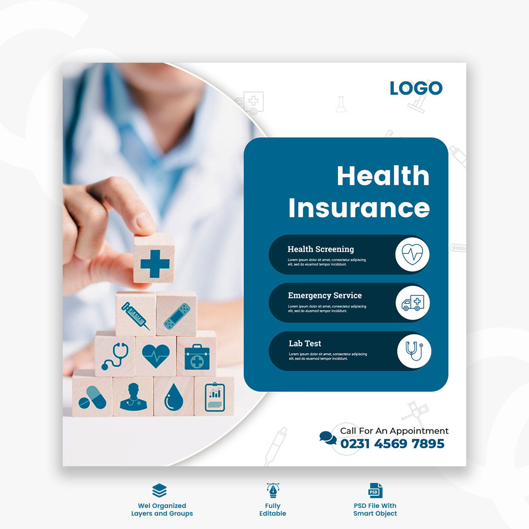 Health insurance template psd for social media with editable text