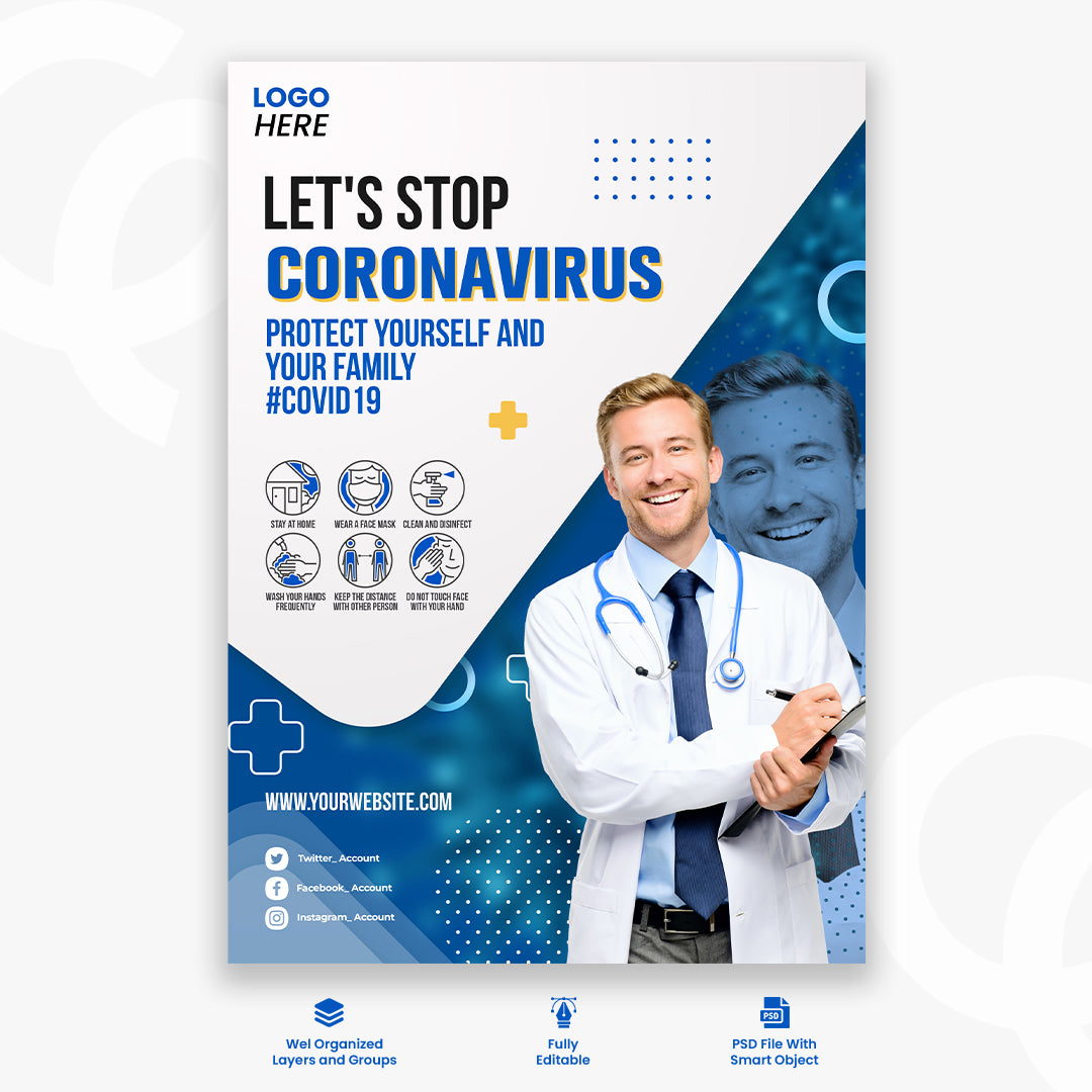 Informative coronavirus flyer doctor wearing protection mask