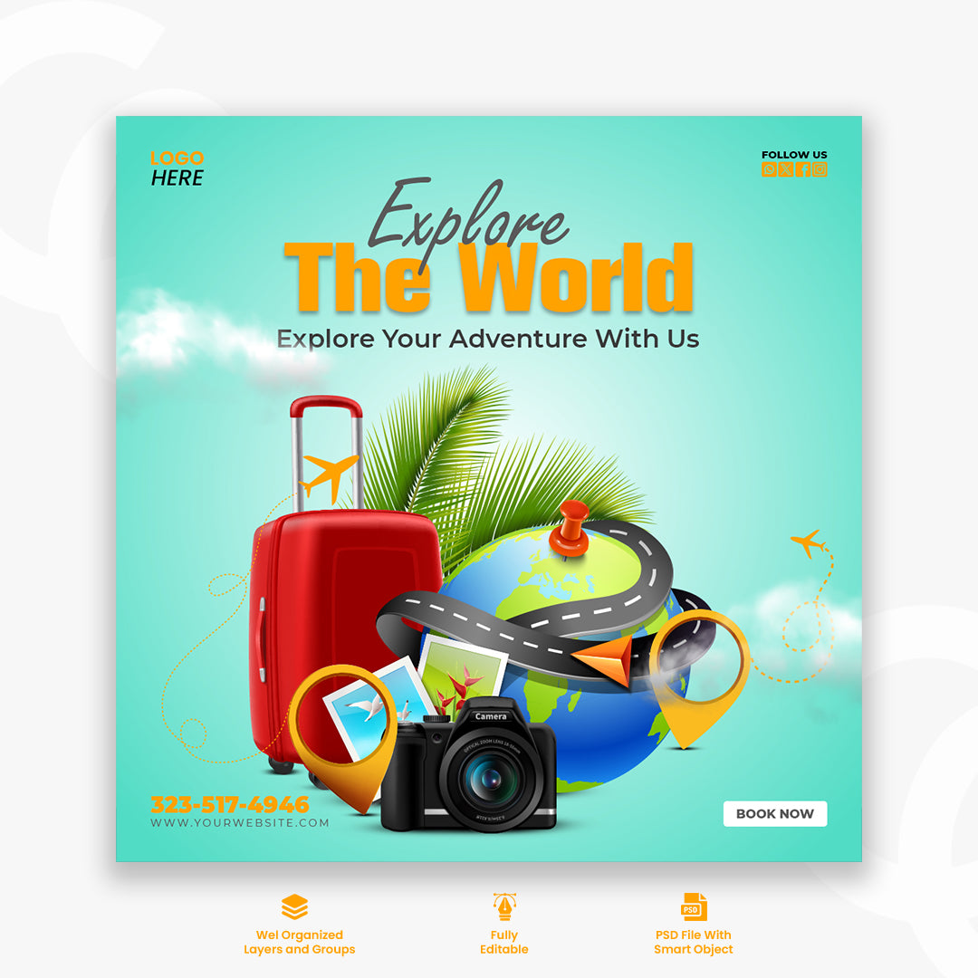 PSD social media travel holiday vacation Instagram post or tourism square web banner template