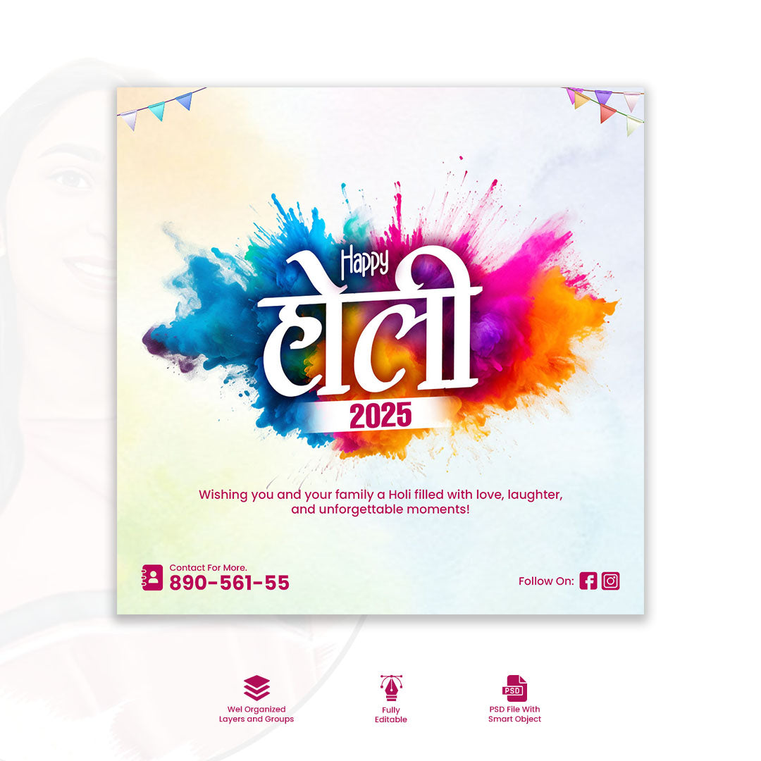 Happy Holi festival design with splashing color on chrome yellow background, calligraphy design