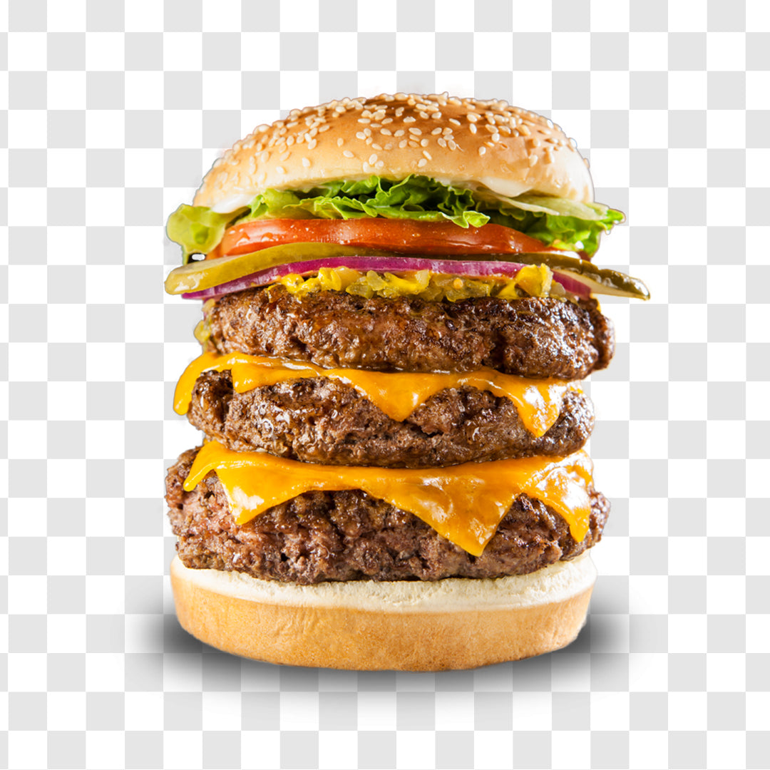 Maxi hamburger, double cheeseburger with flying ingredients isolated on white