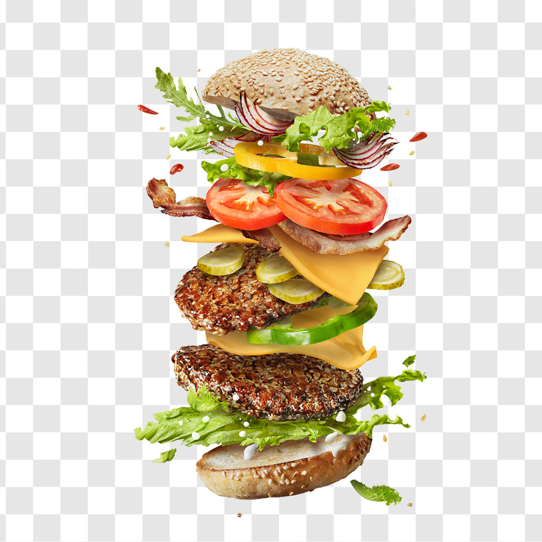 Realistic Burger with Lettuce and Cheese Transparent Background