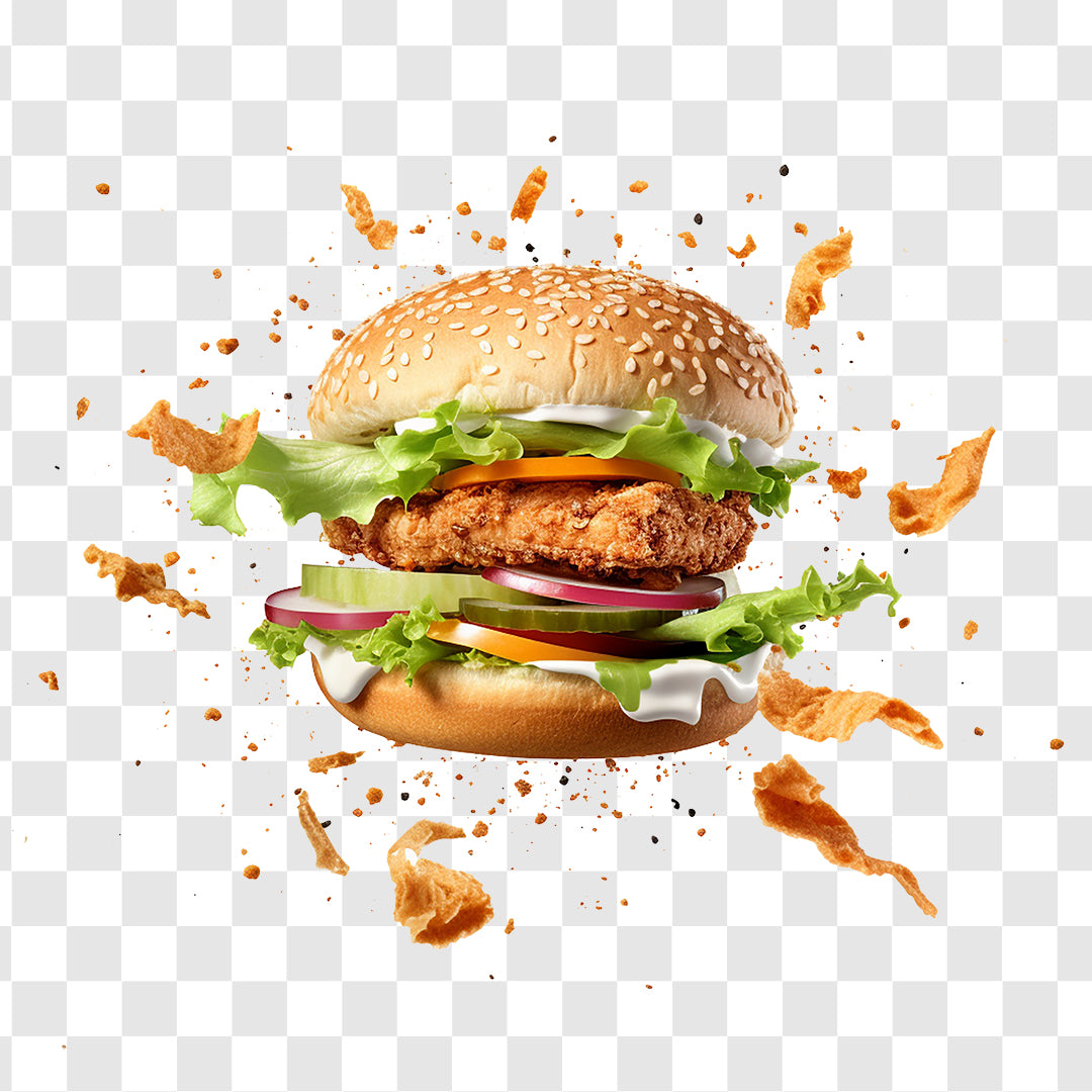 Realistic Burger with Lettuce and Cheese Transparent Background
