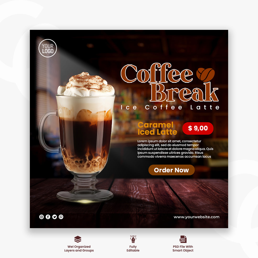 PSD coffee shop drink menu promotion social media instagram post banner template