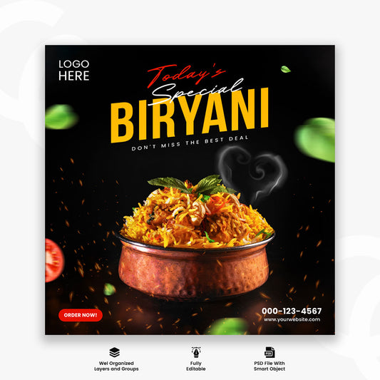 Tasty Biriyani Food Social Media Promotion and Instagram Banner Post Template Design