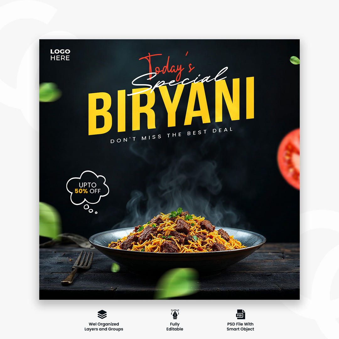 Delicious Biryani food menu social media banner and instagram post template design psd