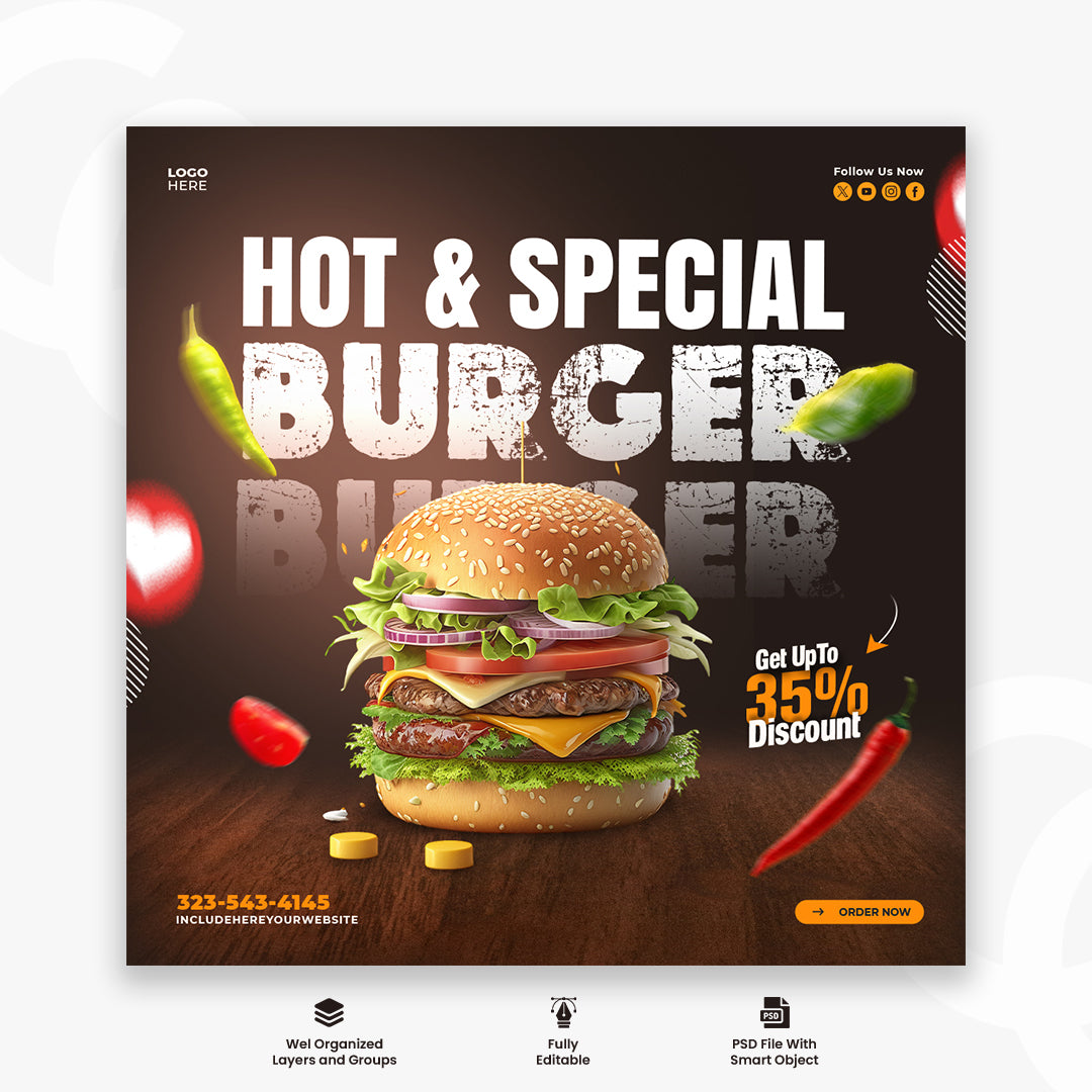 Delicious burger and food menu social media banner or Instagram post template