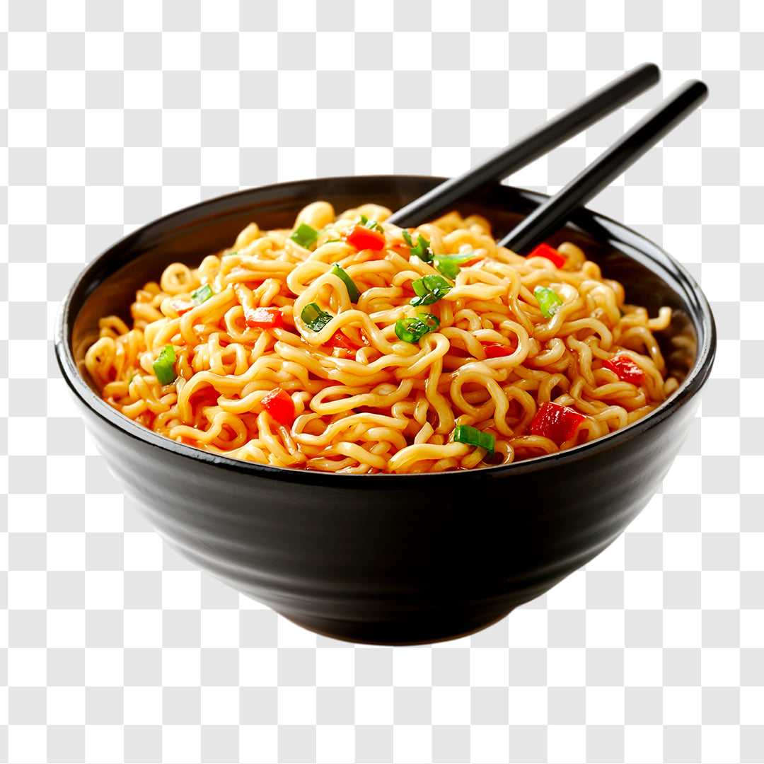 Delicious Noodles in Black Bowl Chopsticks Ready