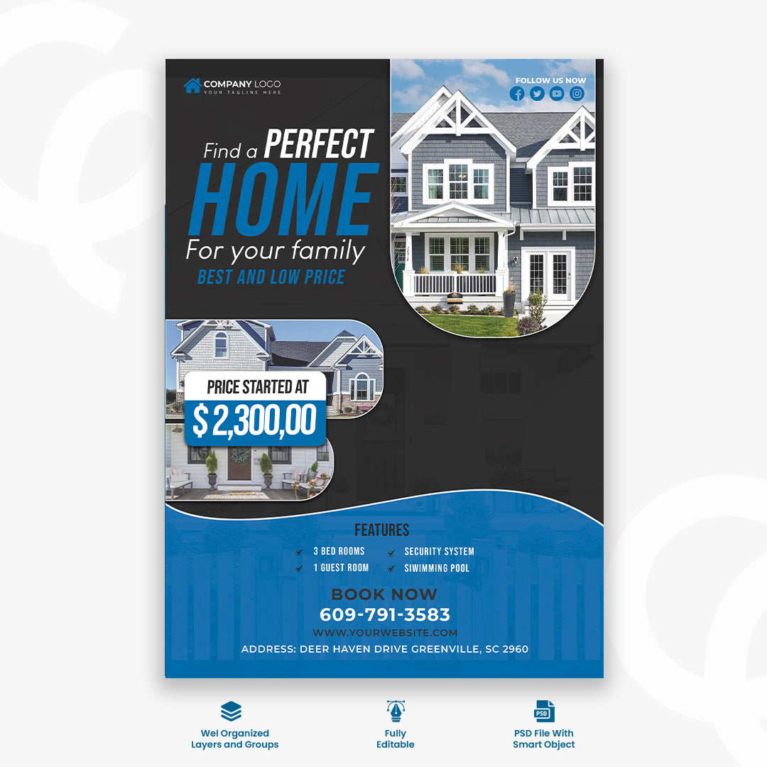 Blue Black real estate house property flyer sale promo template